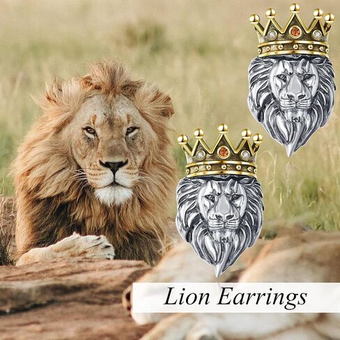 Lion Stud Earrings 925 Sterling Silver Crown Lion Head Earrings Jewelry For Men Women Unisex Gifts in Kuwait