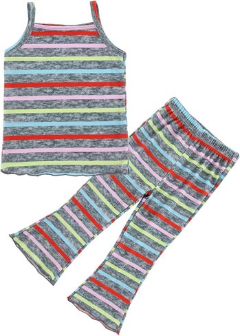 POBIDOBY Toddler Girl's Striped Camisole Tops with Flare Pants Set, Ice Silk Short Sleeve Set with Ruffle Design in Kuwait