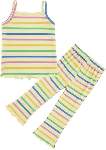 POBIDOBY Toddler Girl's Striped Camisole Tops with Flare Pants Set, Ice Silk Short Sleeve Set with Ruffle Design in Kuwait