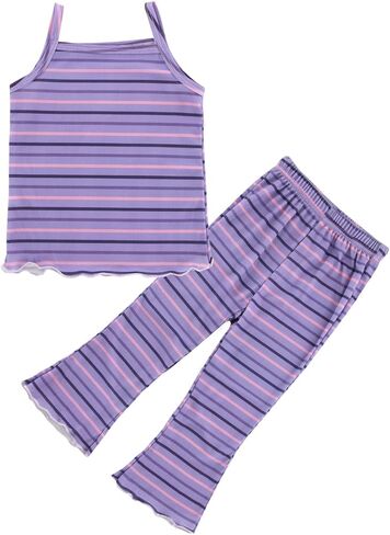 POBIDOBY Toddler Girl's Striped Camisole Tops with Flare Pants Set, Ice Silk Short Sleeve Set with Ruffle Design in Kuwait
