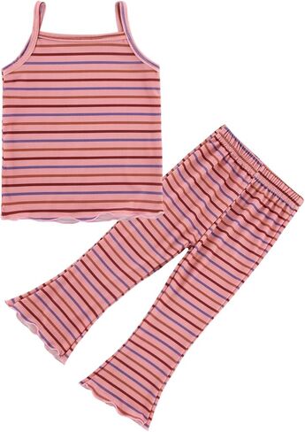 POBIDOBY Toddler Girl's Striped Camisole Tops with Flare Pants Set, Ice Silk Short Sleeve Set with Ruffle Design in Kuwait