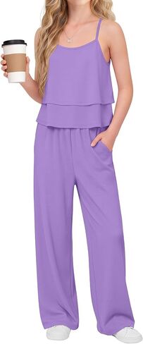 Girls’ 2 Piece Outfit Sets Tween Ruffle Hem Summer Camisole Tops Straight Pants with Pockets Teens Clothes 5-14Y in Kuwait