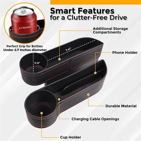 EcoNour Car Seat Gap Filler Organizer With Cup Holder (2 Pack) | Multifunctional Car Seat Organizer | Car Organizer Between Seats | Console Pocket for Wallet & Keys | Car Front Seat Gap Accessories in Saudi Arabia