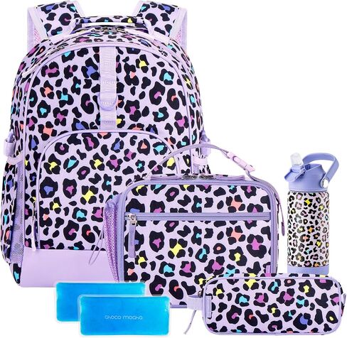 Choco Mocha Cheetah Backpack Set Kids Backpacks for Girls, Girls Backpack with Lunch Box & Water Bottle, Elementary School Bookbag Age 6-8 17 Inch, Purple in Saudi Arabia