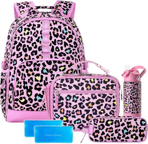 Choco Mocha Cheetah Backpack Set Kids Backpacks for Girls, Girls Backpack with Lunch Box & Water Bottle, Elementary School Bookbag Age 6-8 17 Inch, Purple in Saudi Arabia