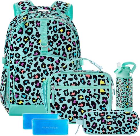 Choco Mocha Cheetah Backpack Set Kids Backpacks for Girls, Girls Backpack with Lunch Box & Water Bottle, Elementary School Bookbag Age 6-8 17 Inch, Purple in Saudi Arabia