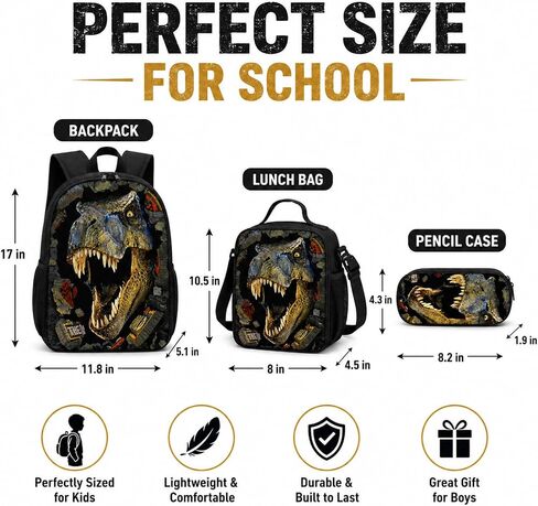 Dinosaur Backpack with Lunch Box, for Boys Aged 5–7 – Jurassic T. rex Fan Favorite: 3-in-1 School Backpack Set, Waterproof Nylon Fabric, 17" (T. rex 9603) in Kuwait