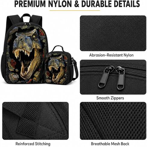 Dinosaur Backpack with Lunch Box, for Boys Aged 5–7 – Jurassic T. rex Fan Favorite: 3-in-1 School Backpack Set, Waterproof Nylon Fabric, 17" (T. rex 9603) in Kuwait