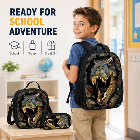 Dinosaur Backpack with Lunch Box, for Boys Aged 5–7 – Jurassic T. rex Fan Favorite: 3-in-1 School Backpack Set, Waterproof Nylon Fabric, 17" (T. rex 9603) in Kuwait
