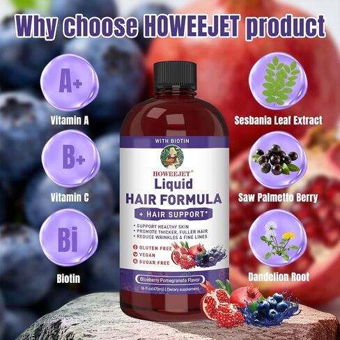 Liquid Multivitamin for Hair Formula | Biotin 2500mcg | Healthy Hair Habits | Clinically Tested for Thicker Hair & Skin Elasticity for Women | Ages 18+ | 16 Fl Oz (Blueberry Pomegranate Flavor) in Saudi Arabia