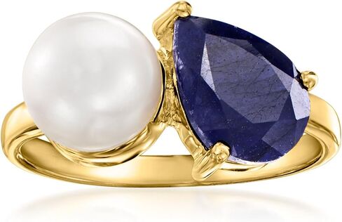Ross-Simons 7.5-8mm Cultured Pearl and 2.80 Carat Sapphire Toi Et Moi Ring in 18kt Gold Over Sterling in Saudi Arabia