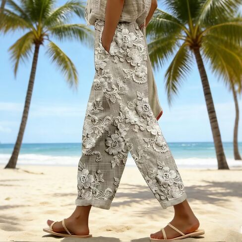 Wide Leg Summer Trousers with Elastic Drawstring Waist, Women’s Floral Pants, Lightweight Casual Printed Palazzo Pants in Kuwait
