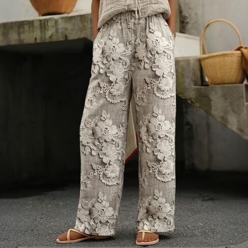 Wide Leg Summer Trousers with Elastic Drawstring Waist, Women’s Floral Pants, Lightweight Casual Printed Palazzo Pants in Kuwait