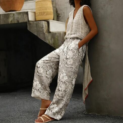 Wide Leg Summer Trousers with Elastic Drawstring Waist, Women’s Floral Pants, Lightweight Casual Printed Palazzo Pants in Kuwait