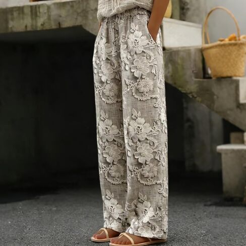 Wide Leg Summer Trousers with Elastic Drawstring Waist, Women’s Floral Pants, Lightweight Casual Printed Palazzo Pants in Kuwait