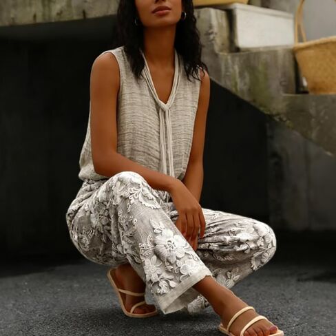 Wide Leg Summer Trousers with Elastic Drawstring Waist, Women’s Floral Pants, Lightweight Casual Printed Palazzo Pants in Kuwait