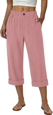 Capri Pants for Women Summer Cropped Pants High Waisted Wide Leg Capris Casual Beach Bottoms Cuffed Hem Trousers in Kuwait