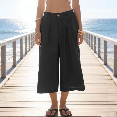 Gaucho Pants For Women Summer Wide Leg Cotton Dressy 2026 Casual Cropped Pant Culottes with Pockets in Kuwait