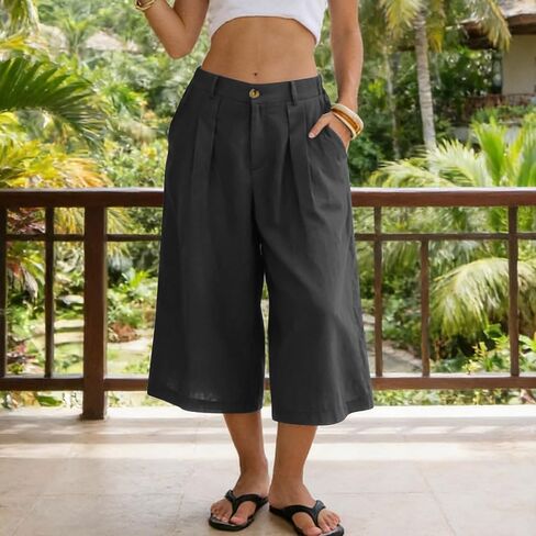 Gaucho Pants For Women Summer Wide Leg Cotton Dressy 2026 Casual Cropped Pant Culottes with Pockets in Kuwait