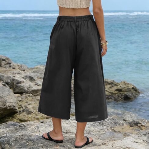 Gaucho Pants For Women Summer Wide Leg Cotton Dressy 2026 Casual Cropped Pant Culottes with Pockets in Kuwait