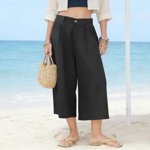 Gaucho Pants For Women Summer Wide Leg Cotton Dressy 2026 Casual Cropped Pant Culottes with Pockets in Kuwait