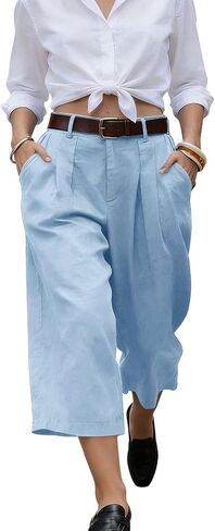 Gaucho Pants For Women Summer Wide Leg Cotton Dressy 2026 Casual Cropped Pant Culottes with Pockets in Kuwait