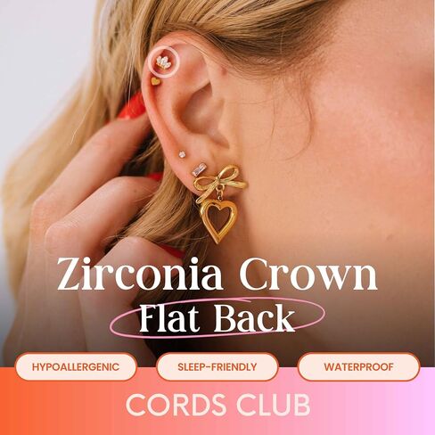 Cords Club Zirconia Crown Flat Back Stud – ASTM-F136 Implant Grade Titanium - Push Pin Design for Sensitive Ears – Available in 18K PVD Gold Plated & Titanium Silver (Single Earring) in Kuwait