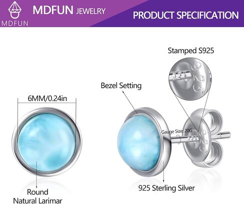 MDFUN 925 فضة لاريمار الطبيعية أقراط للنساء هيبوالرجينيك 6 مللي متر الجولة أحجار كريمة زرقاء مجوهرات in Kuwait