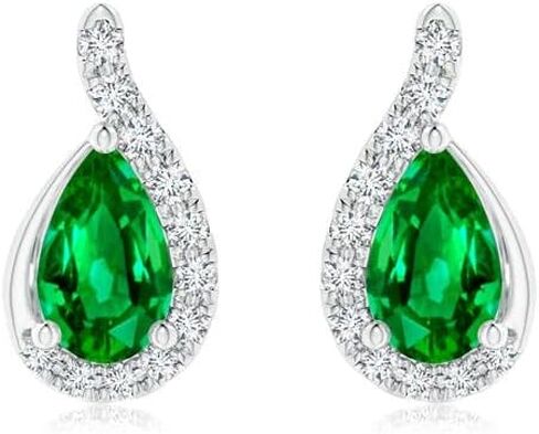 ANGARA - Women's Stud Earrings in 14K Solid Gold/Platinum | Pear Gemstone Earrings with Diamond Swirl Frame | Birthday, Anniversary Gemstone Jewelry in Kuwait