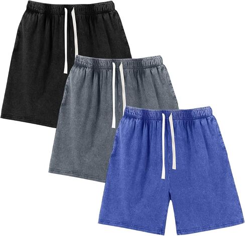 Eisctnd Men's 3 Pack Acid Washed Cotton Athletic Sweat Shorts, Elastic Waist Drawstring Workout Jogger Shorts with Pockets in Saudi Arabia