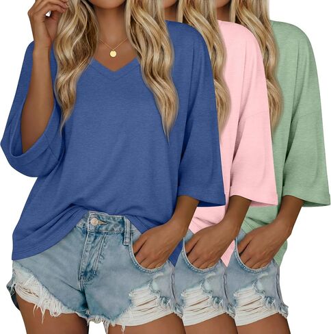 Huukeay 3 Pack Women's 3/4 Sleeve Cotton V Neck Loose Fit Tees Baggy Rolled Cuff Drop Shoulder Tops Casual Gym Shirts in Kuwait