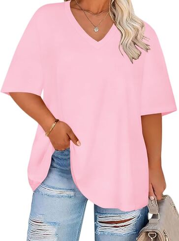 HDLTE Plus Size Tops for Women Oversized Graphic Tshirt V Neck Summer Tees Short Sleeve Casual Loose Fit Blouses in Saudi Arabia