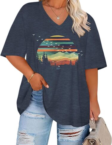 HDLTE Plus Size Tops for Women Oversized Graphic Tshirt V Neck Summer Tees Short Sleeve Casual Loose Fit Blouses in Saudi Arabia