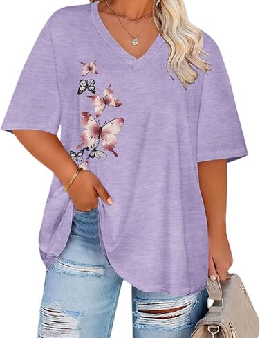 HDLTE Plus Size Tops for Women Oversized Graphic Tshirt V Neck Summer Tees Short Sleeve Casual Loose Fit Blouses in Saudi Arabia