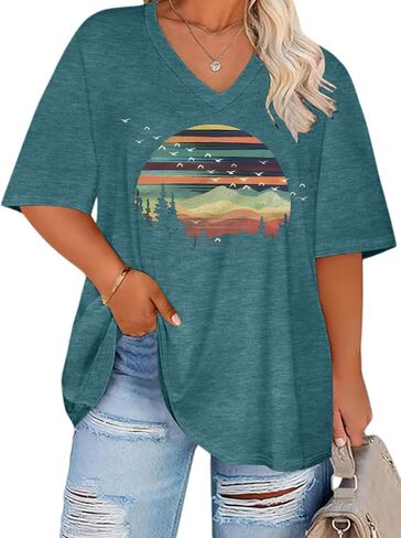 HDLTE Plus Size Tops for Women Oversized Graphic Tshirt V Neck Summer Tees Short Sleeve Casual Loose Fit Blouses in Saudi Arabia