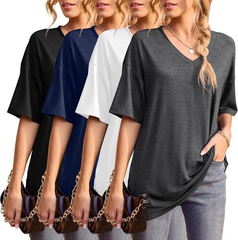 Iandroiy 4 Pack Oversized T Shirts Short Sleeve Tops Dolman V Neck T-Shirts Summer Casual Tunic Tops in Saudi Arabia