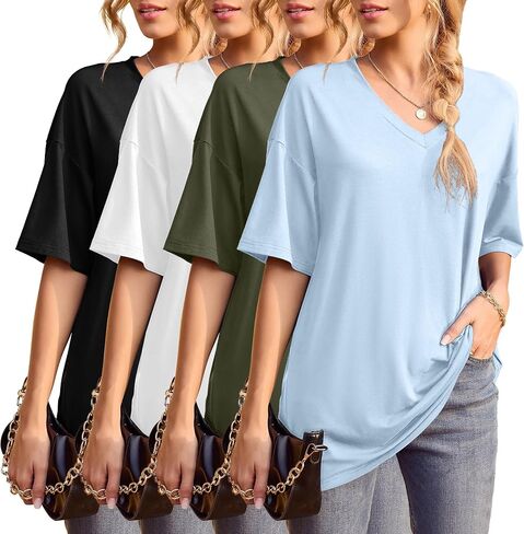 Iandroiy 4 Pack Oversized T Shirts Short Sleeve Tops Dolman V Neck T-Shirts Summer Casual Tunic Tops in Saudi Arabia
