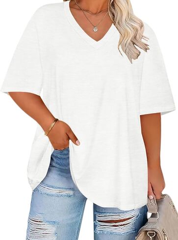 HDLTE Plus Size Tops for Women Oversized Graphic Tshirt V Neck Summer Tees Short Sleeve Casual Loose Fit Blouses in Saudi Arabia