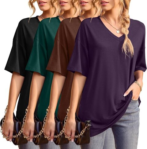 Iandroiy 4 Pack Oversized T Shirts Short Sleeve Tops Dolman V Neck T-Shirts Summer Casual Tunic Tops in Saudi Arabia