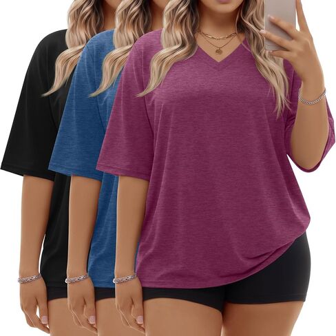 3 Pack Women Plus Size T Shirt Oversized Cotton Half Sleeve V Neck Tee Loose Fit Casual Basic Summer Workout Top in Kuwait
