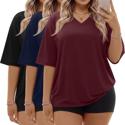 3 Pack Women Plus Size T Shirt Oversized Cotton Half Sleeve V Neck Tee Loose Fit Casual Basic Summer Workout Top in Kuwait