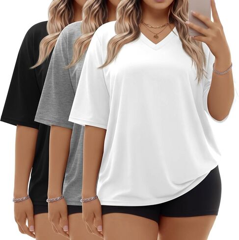 3 Pack Women Plus Size T Shirt Oversized Cotton Half Sleeve V Neck Tee Loose Fit Casual Basic Summer Workout Top in Kuwait