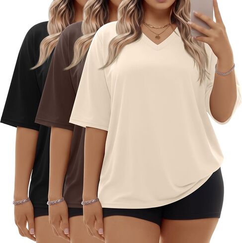 3 Pack Women Plus Size T Shirt Oversized Cotton Half Sleeve V Neck Tee Loose Fit Casual Basic Summer Workout Top in Kuwait