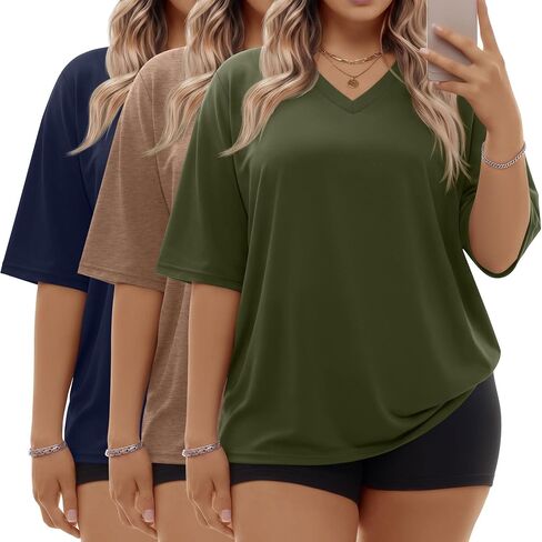 3 Pack Women Plus Size T Shirt Oversized Cotton Half Sleeve V Neck Tee Loose Fit Casual Basic Summer Workout Top in Kuwait