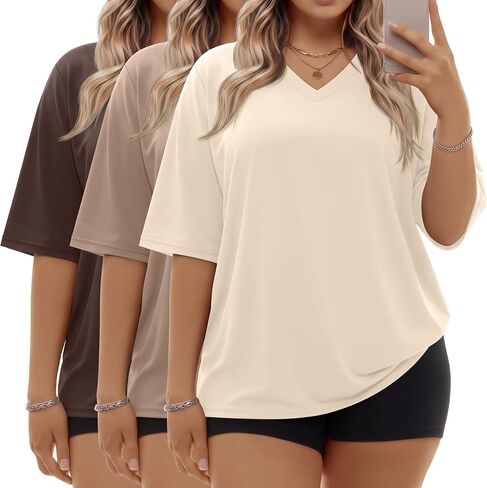 3 Pack Women Plus Size T Shirt Oversized Cotton Half Sleeve V Neck Tee Loose Fit Casual Basic Summer Workout Top in Kuwait