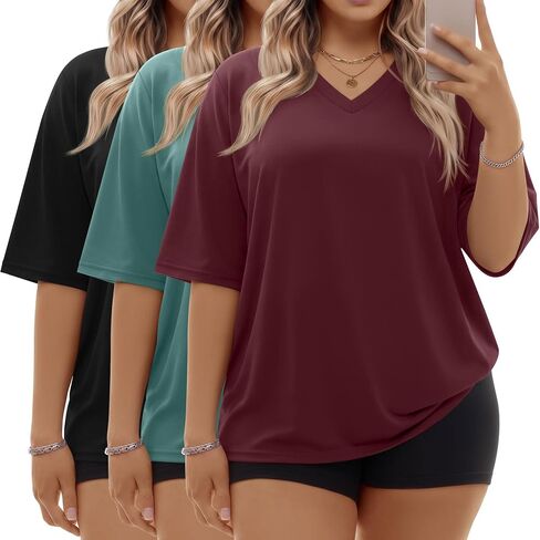 3 Pack Women Plus Size T Shirt Oversized Cotton Half Sleeve V Neck Tee Loose Fit Casual Basic Summer Workout Top in Kuwait