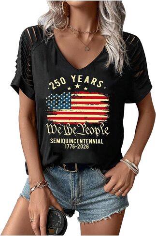 Women's 4th of July Flag Shirt Vintage V Neck 1776 Patriotic T-Shirt USA 250 Anniversary Top Graphic Tee Freedom Day in Saudi Arabia