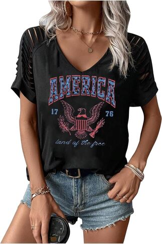 Women's 4th of July Flag Shirt Vintage V Neck 1776 Patriotic T-Shirt USA 250 Anniversary Top Graphic Tee Freedom Day in Saudi Arabia