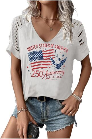 Women's 4th of July Flag Shirt Vintage V Neck 1776 Patriotic T-Shirt USA 250 Anniversary Top Graphic Tee Freedom Day in Saudi Arabia