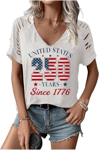 Women's 4th of July Flag Shirt Vintage V Neck 1776 Patriotic T-Shirt USA 250 Anniversary Top Graphic Tee Freedom Day in Saudi Arabia